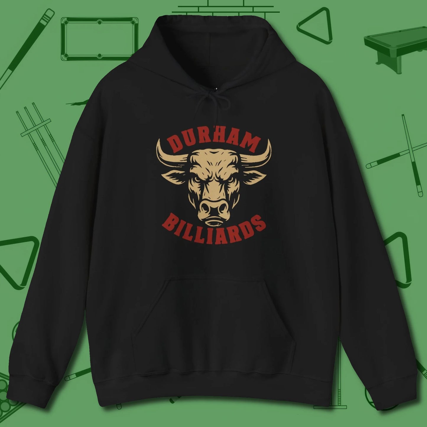 Durham Billiards Bull Head Hoodie, front view, in Black for players who live the game