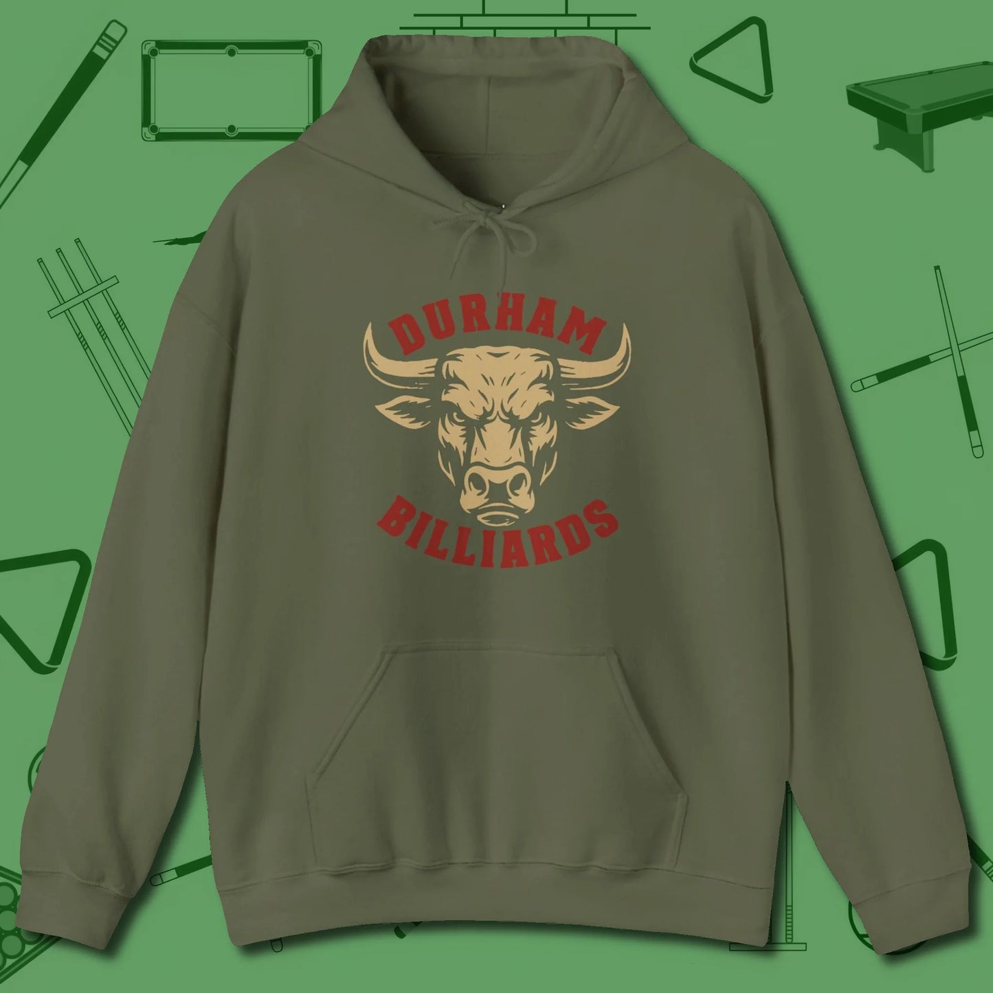 Durham Billiards Bull Head Hoodie, front view, in Military Green for players who live the game