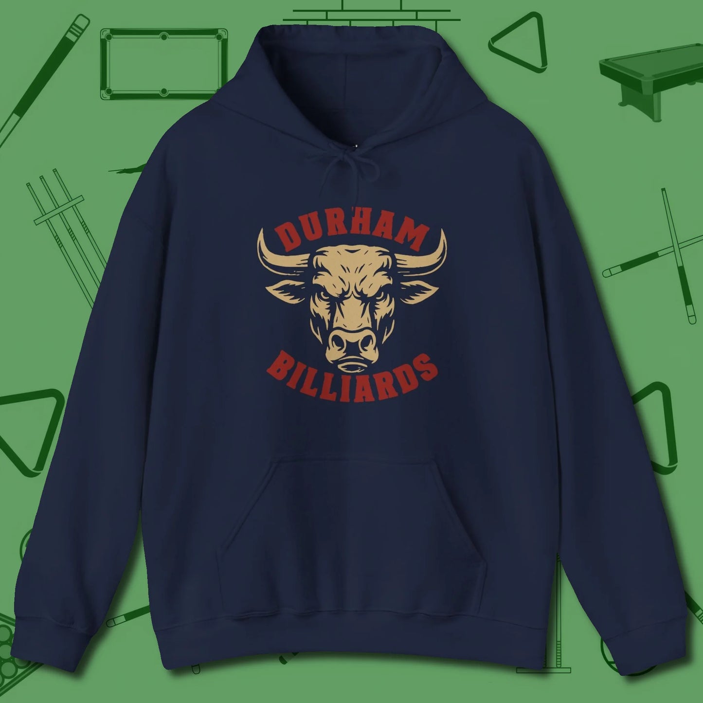 Durham Billiards Bull Head Hoodie, front view, in Navy perfect for players with quiet fire