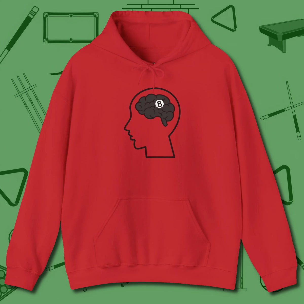 Eight Ball Brain Hoodie, front view, in Red because you don’t just play — you represent