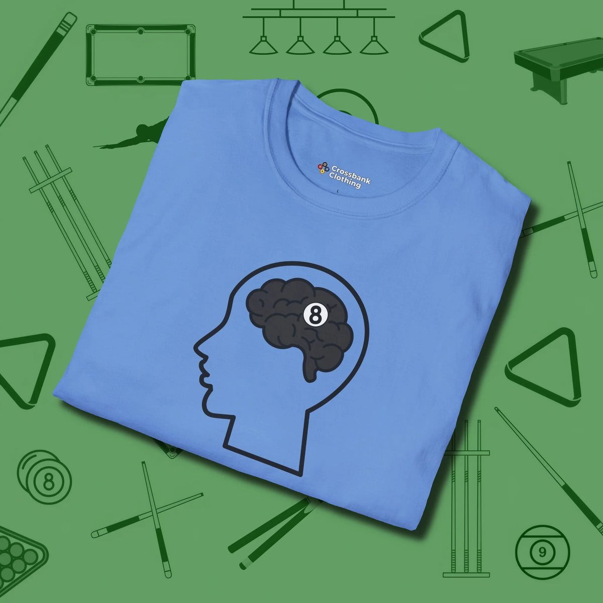 Eight Ball Brain T-Shirt, folded view, in Carolina Blue smart enough for the felt and the street