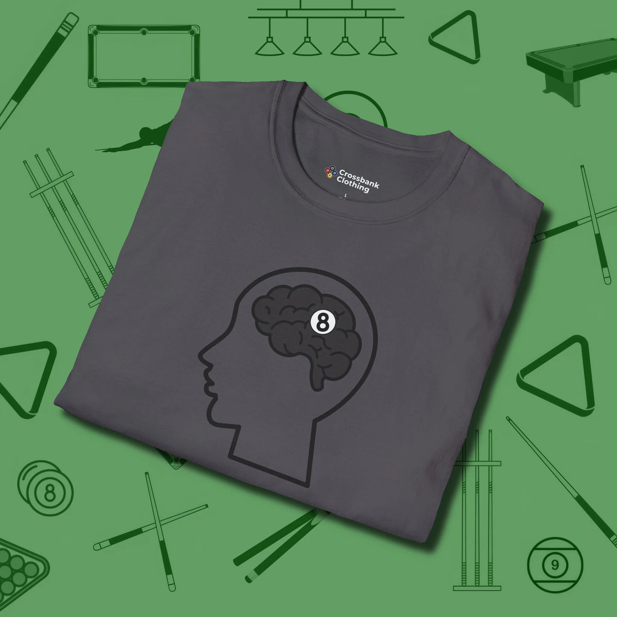 Eight Ball Brain T-Shirt, folded view, in Charcoal smart apparel for strategic players