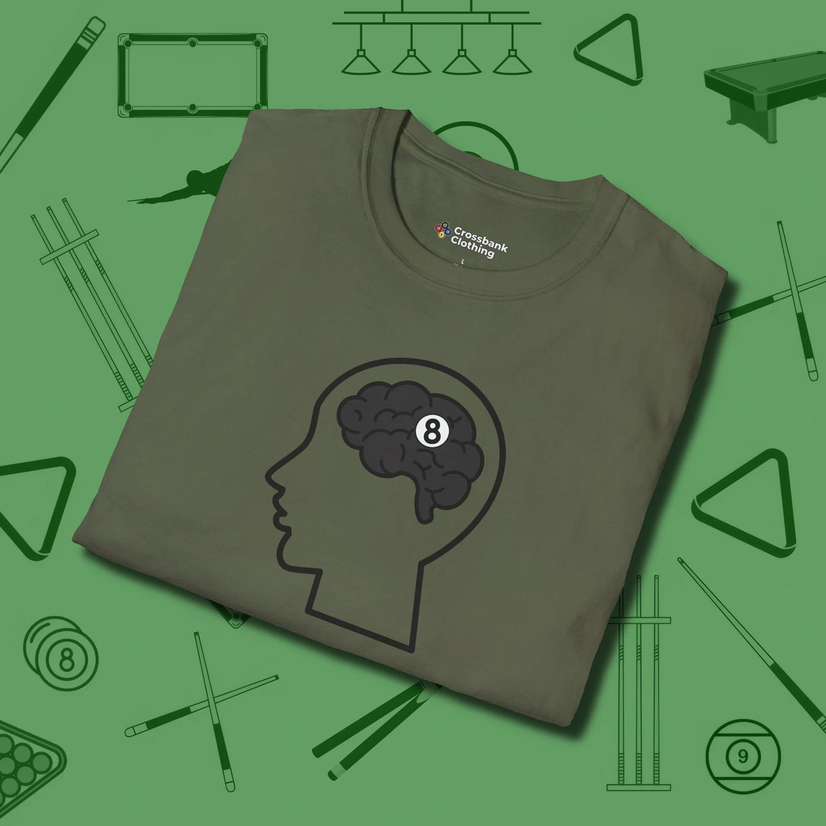 Eight Ball Brain T-Shirt, folded view, in Military Green where cue control meets personal style