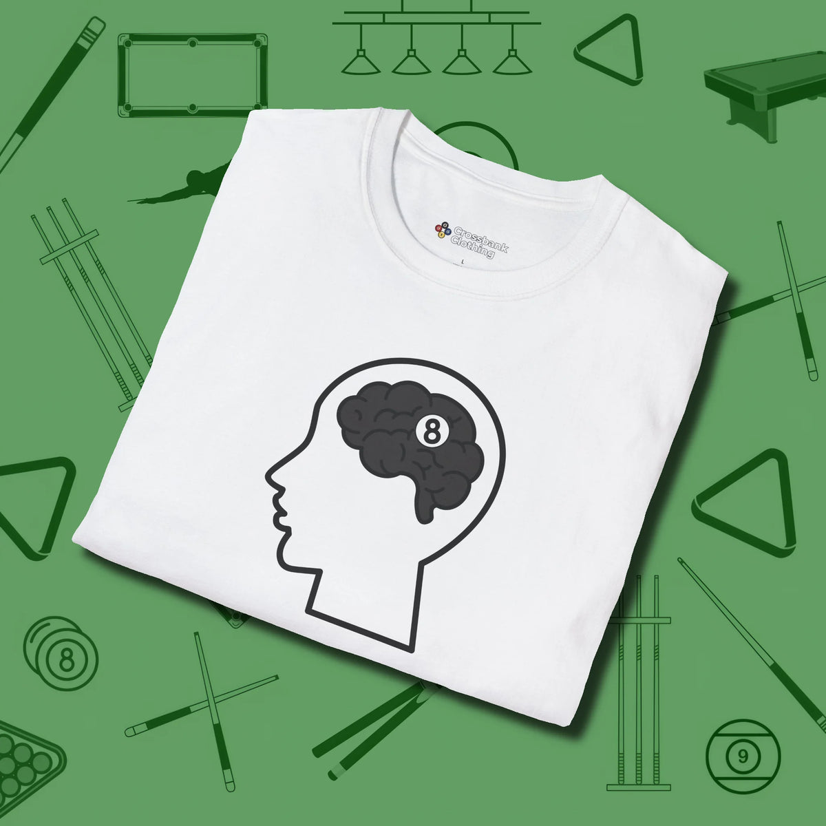 Eight Ball Brain T-Shirt, folded view, in White because the table is your battlefield