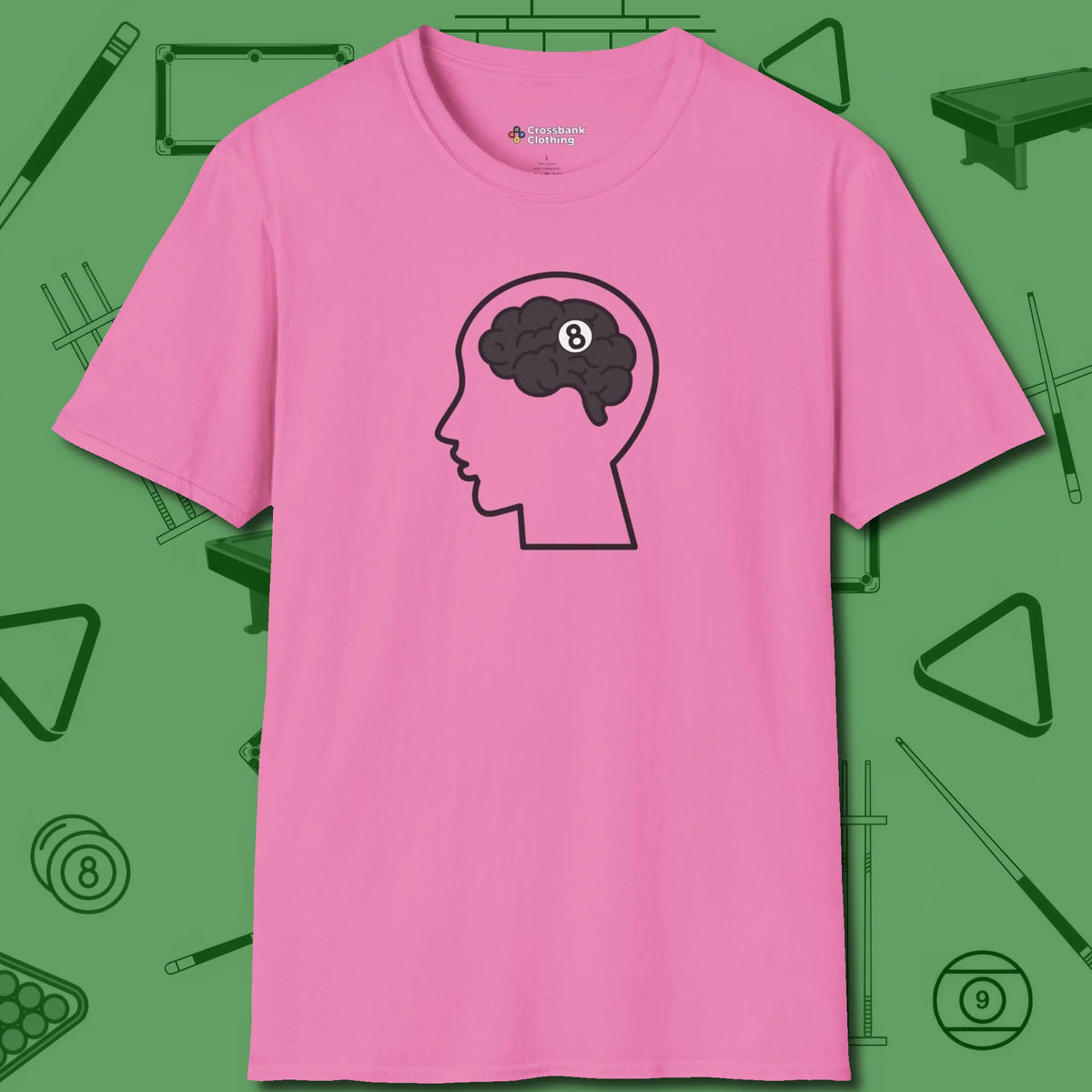 Eight Ball Brain T-Shirt, front view, in Azalea because you don’t just play — you represent