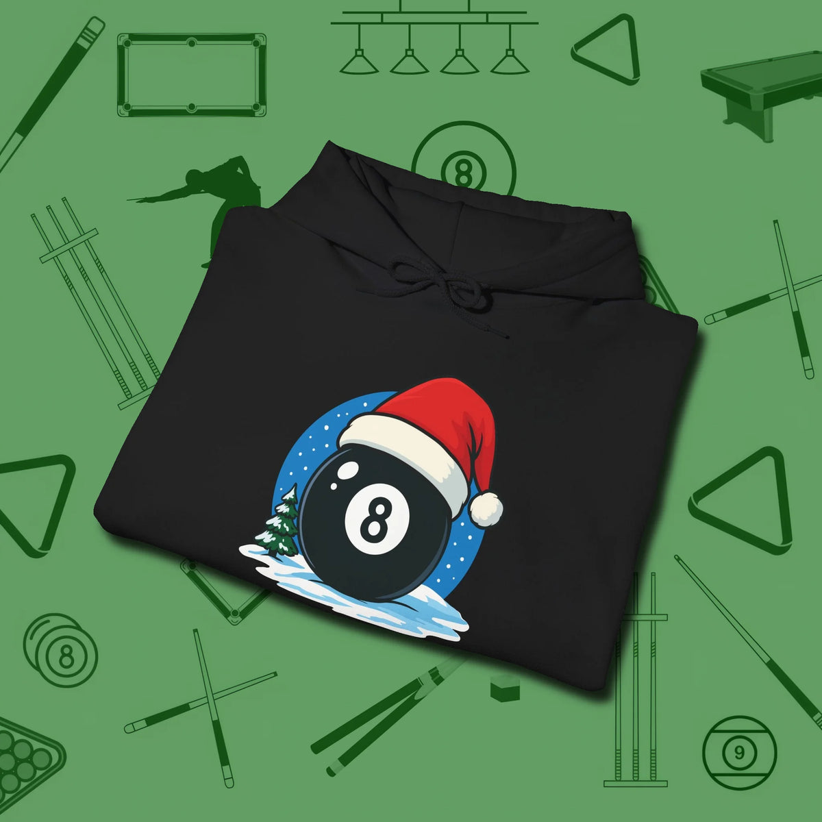 Eight Ball Christmas Hoodie, folded view, in Black earns respect before the first shot