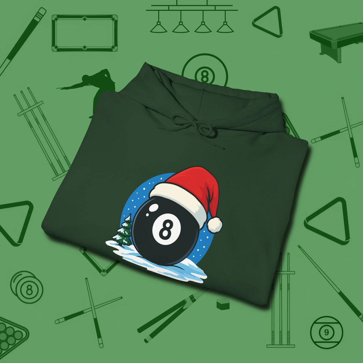 Eight Ball Christmas Hoodie, folded view, in Forest Green like your stroke — smooth and deliberate