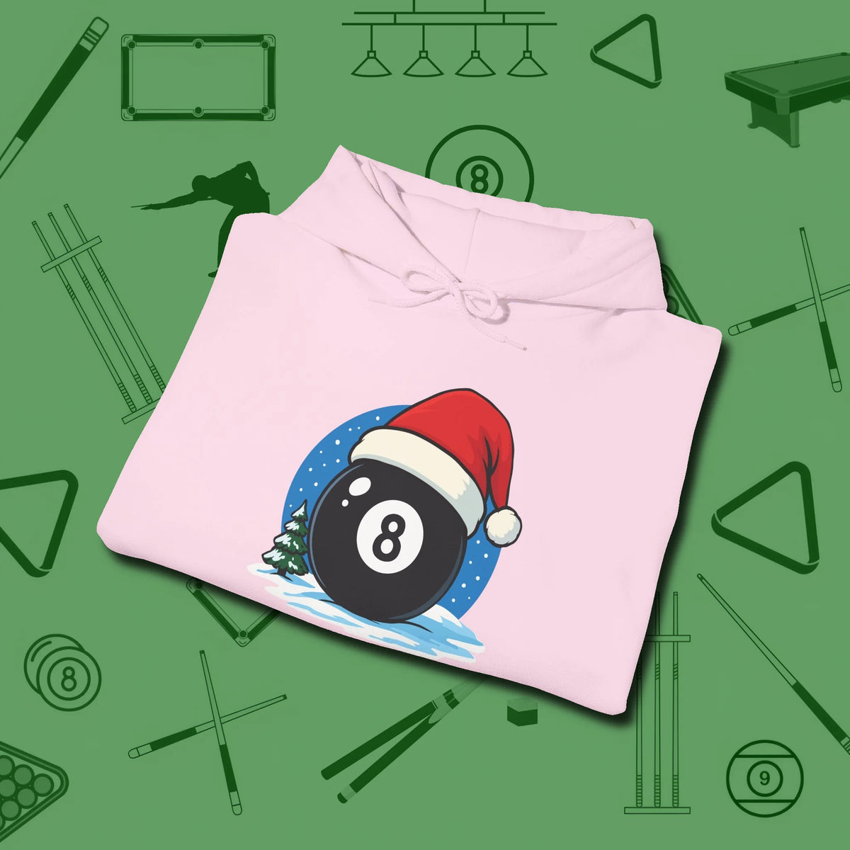 Eight Ball Christmas Hoodie, folded view, in Light Pink not your average 8-ball graphic tee