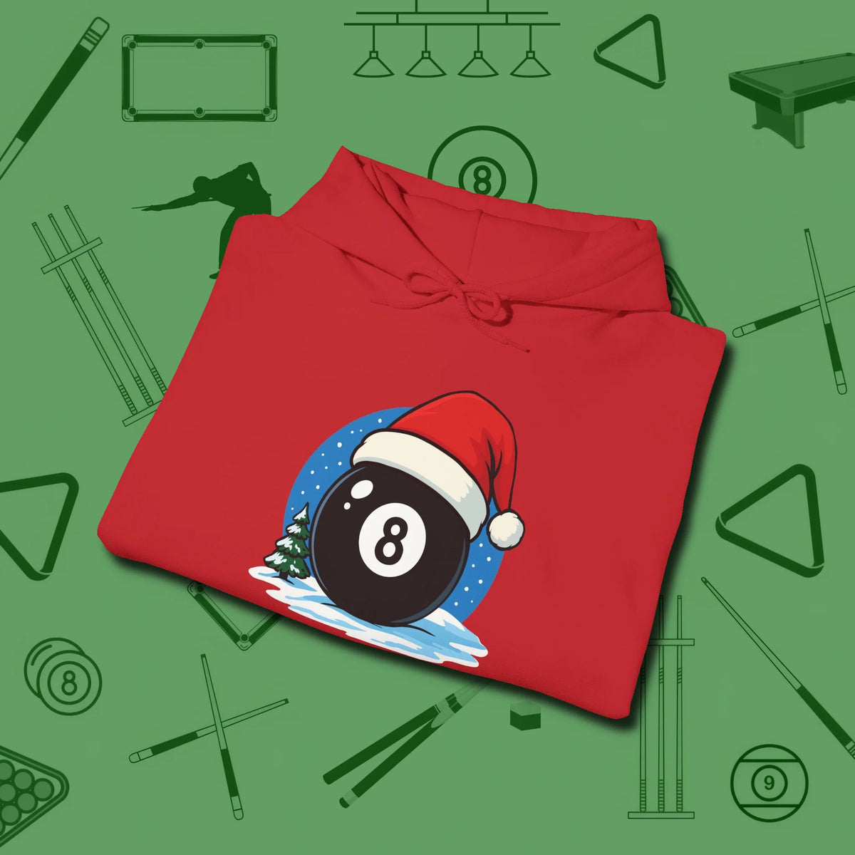 Eight Ball Christmas Hoodie, folded view, in Red because the table is your battlefield