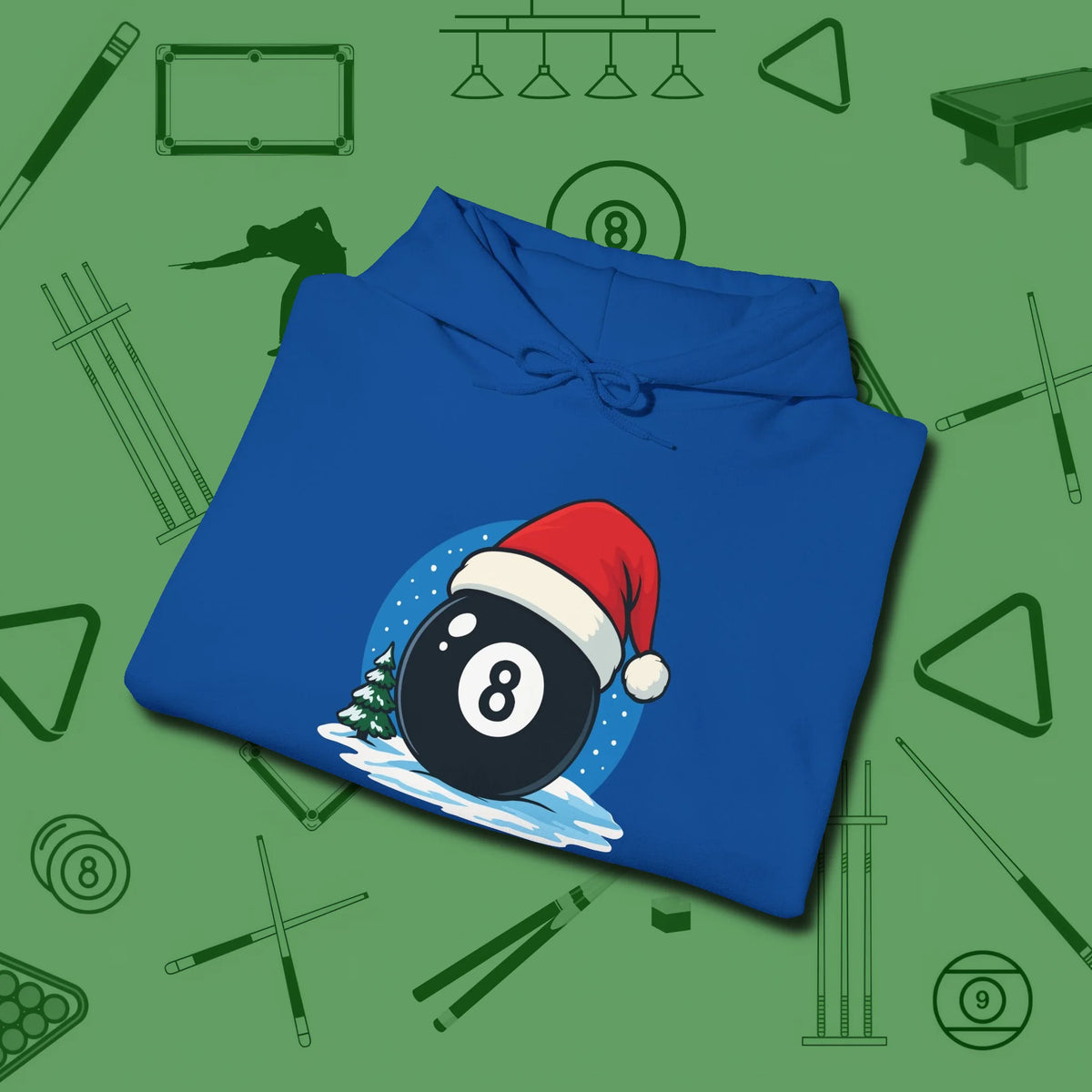 Eight Ball Christmas Hoodie, folded view, in Royal where style and cue discipline collide