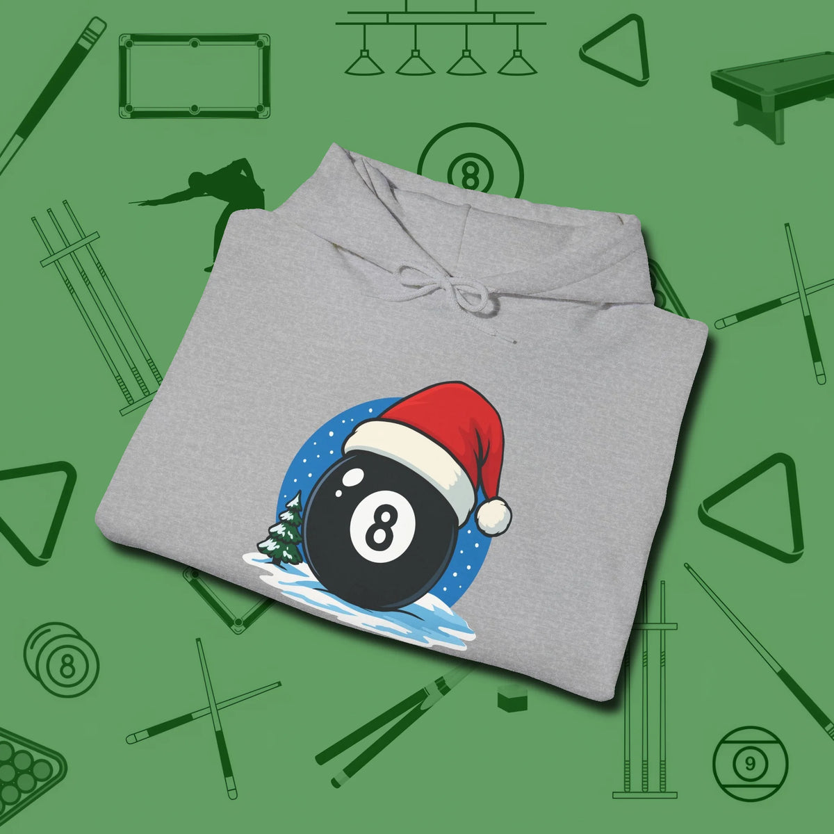 Eight Ball Christmas Hoodie, folded view, in Sport Grey where style and cue discipline collide