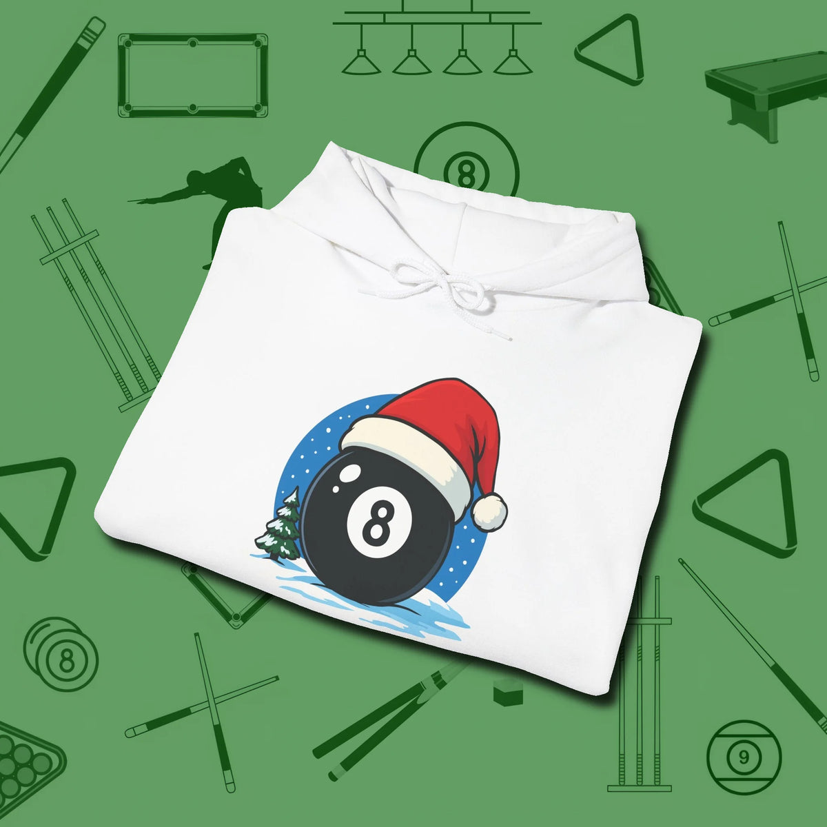 Eight Ball Christmas Hoodie, folded view, in White from chalk to clutch, look the part