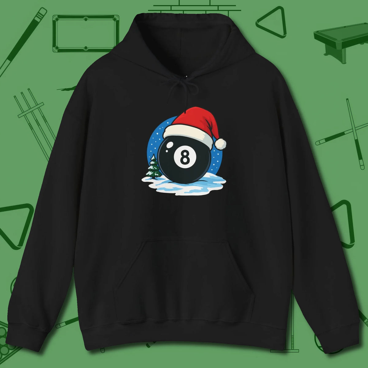 Eight Ball Christmas Hoodie, front view, in Black fashion with break-and-run energy