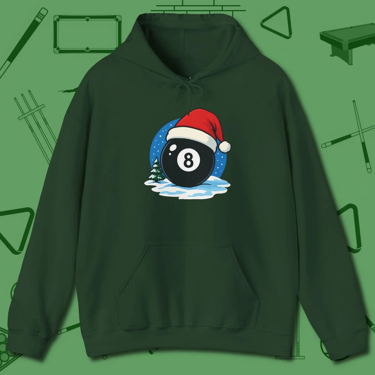 Eight Ball Christmas Hoodie, front view, in Forest Green ideal for clean hits and clean fits