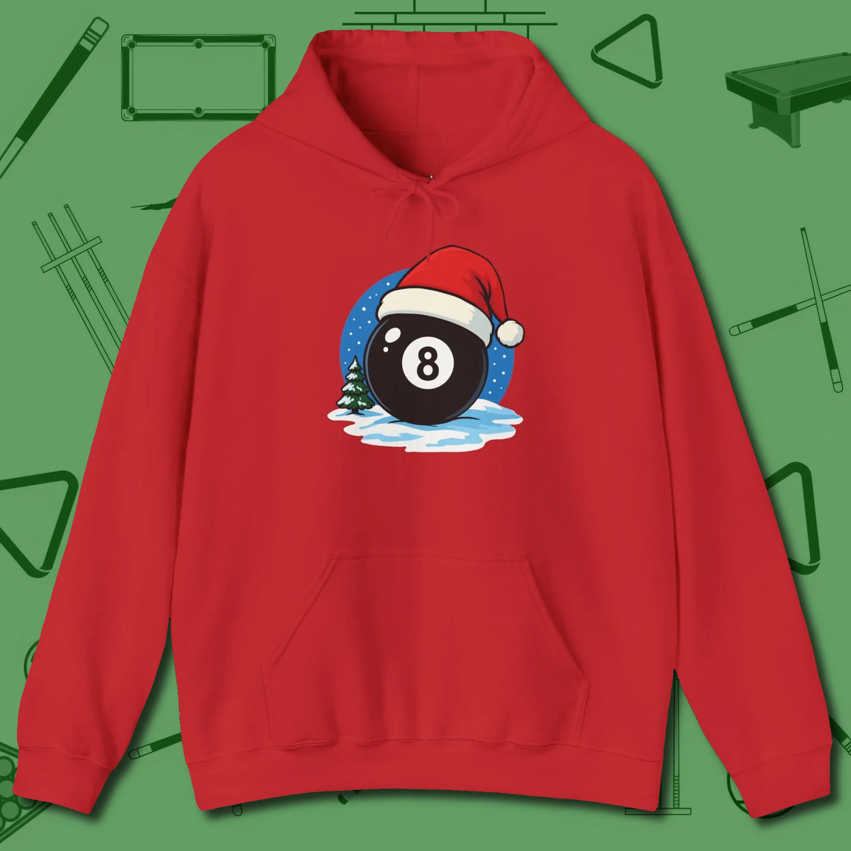 Eight Ball Christmas Hoodie, front view, in Red clean lines for dirty minds