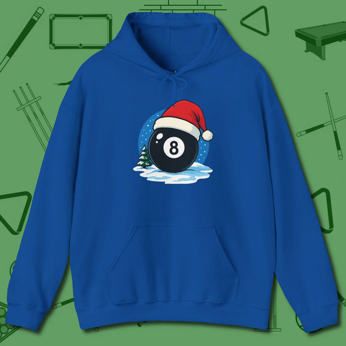 Eight Ball Christmas Hoodie, front view, in Royal look good while calling your pocket