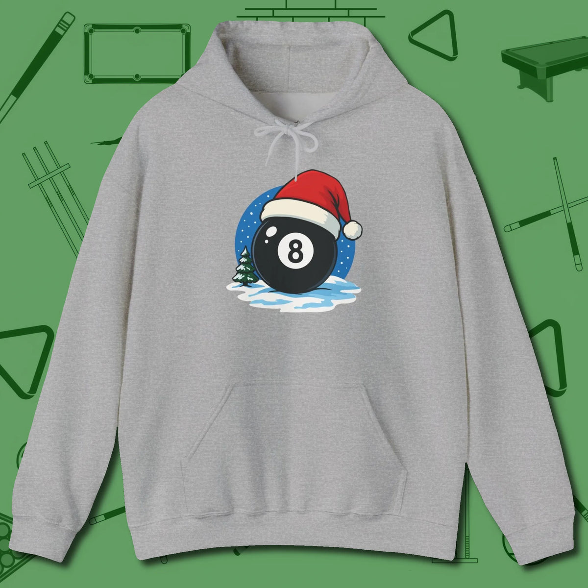 Eight Ball Christmas Hoodie, front view, in Sport Grey ideal for clean hits and clean fits
