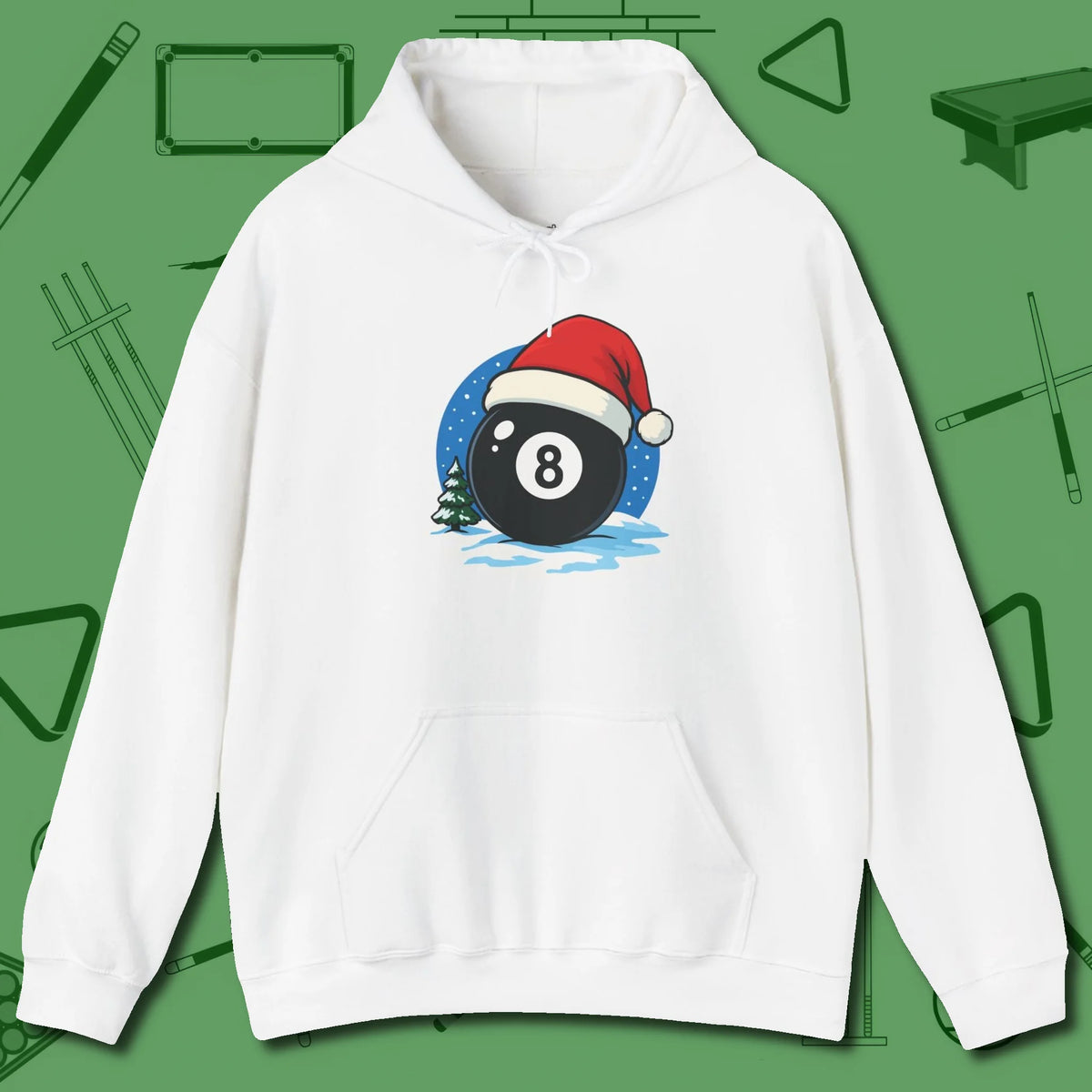 Eight Ball Christmas Hoodie, front view, in White subtle drip for serious shooters