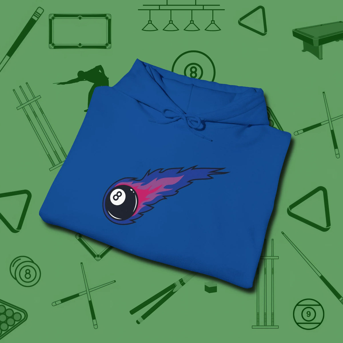 Eight Ball Comet Hoodie, folded view, in Royal styled to dominate from rack to run-out