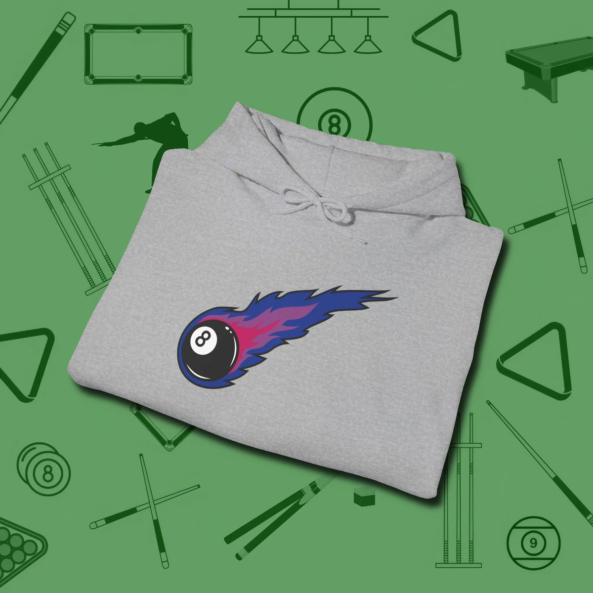 Eight Ball Comet Hoodie, folded view, in Sport Grey cue sports swagger done right