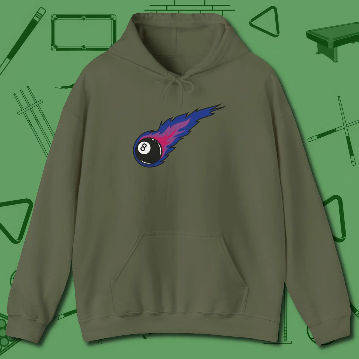 Eight Ball Comet Hoodie, front view, in Military Green for shooters who dress like they play: sharp