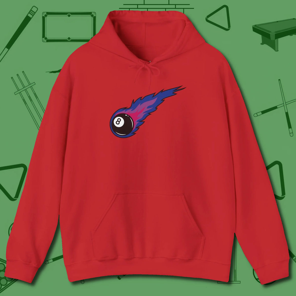 Eight Ball Comet Hoodie, front view, in Red perfect for players with quiet fire