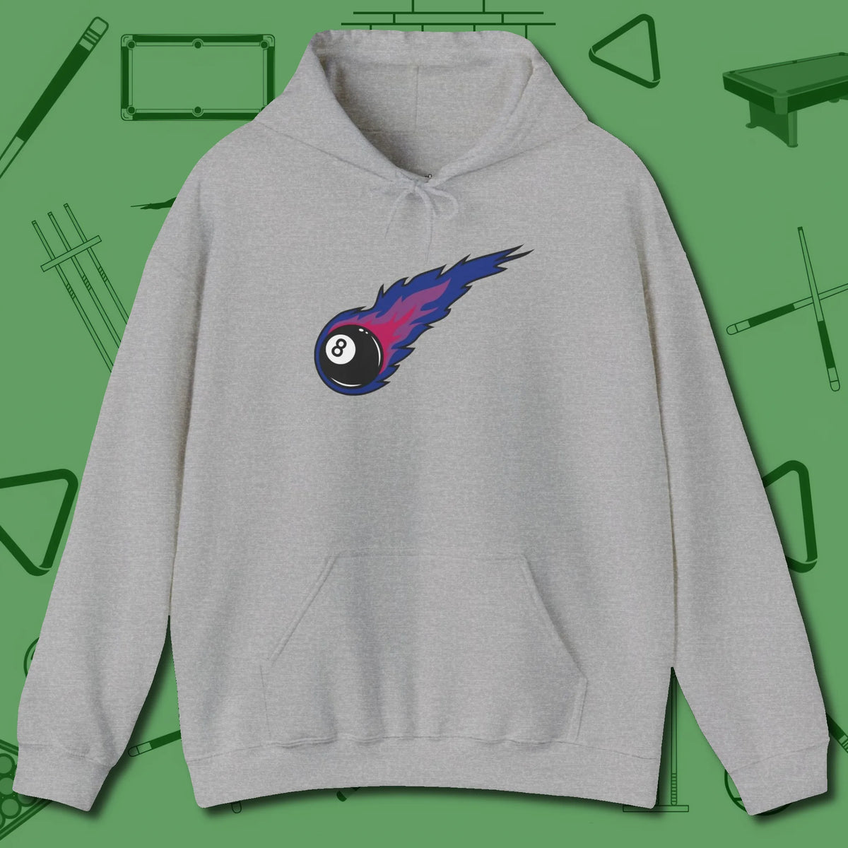 Eight Ball Comet Hoodie, front view, in Sport Grey designed for dead stroke and deadpan looks
