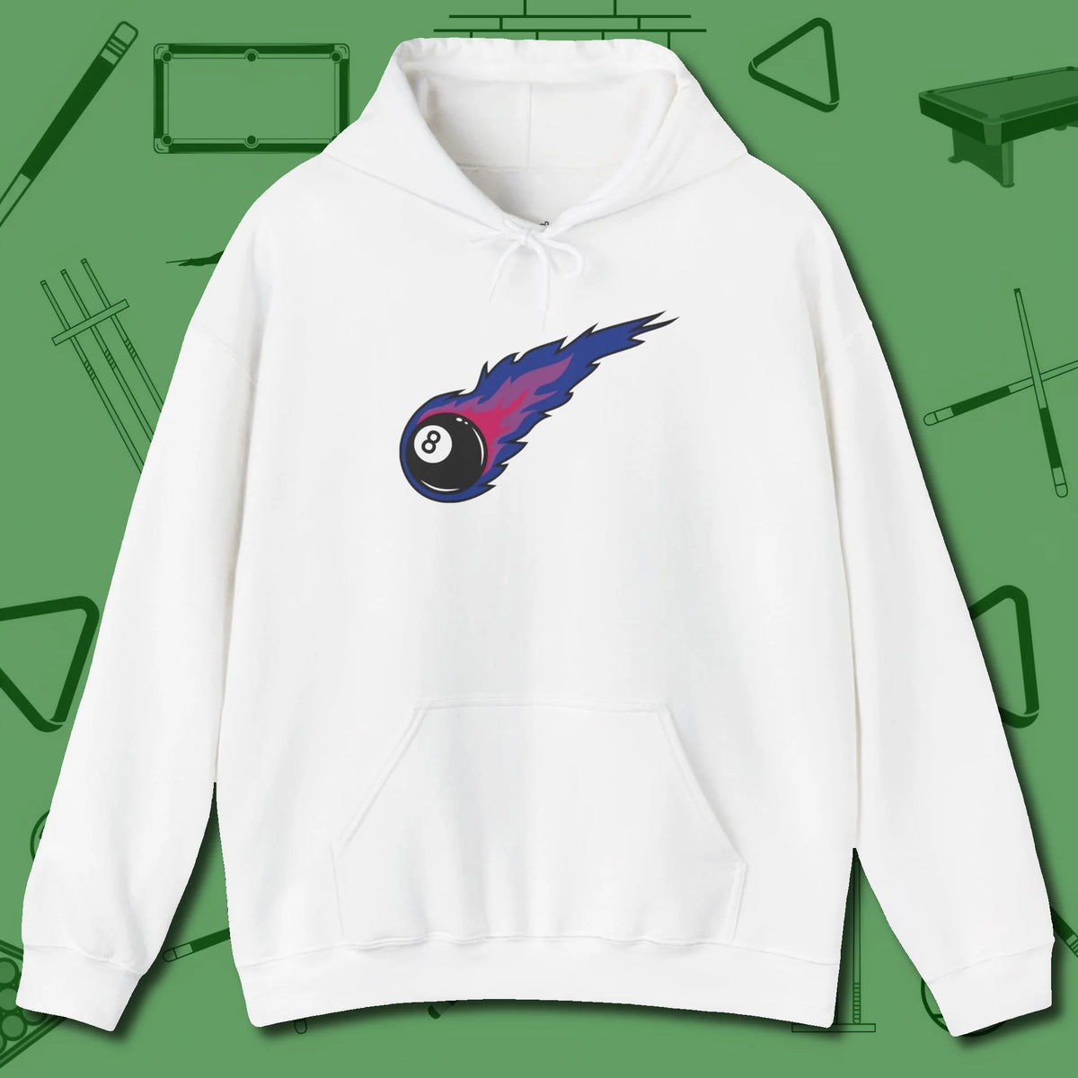 Eight Ball Comet Hoodie, front view, in White classic cue style, no gimmicks