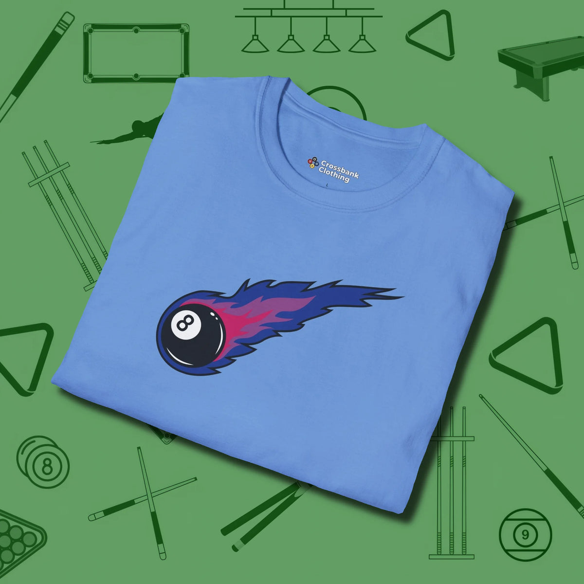 Eight Ball Comet T-Shirt, folded view, in Carolina Blue as serious as your stroke