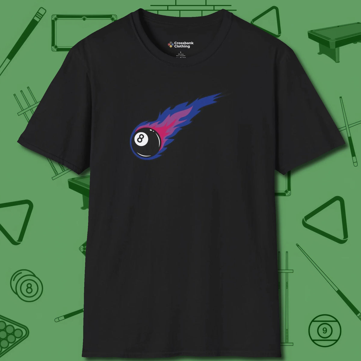 Eight Ball Comet T-Shirt, front view, in Black where cue control meets personal style