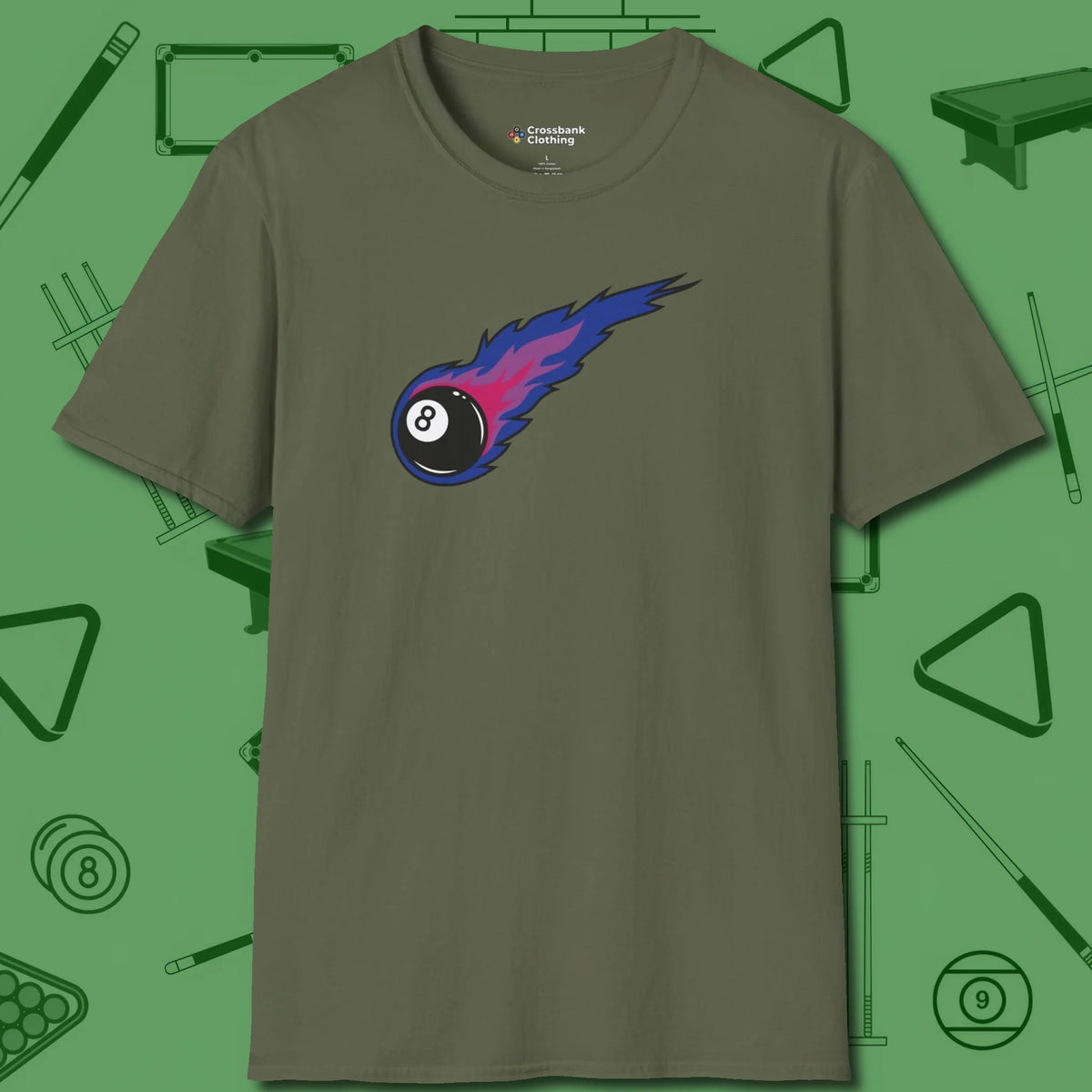Eight Ball Comet T-Shirt, front view, in Military Green from chalk to clutch, look the part