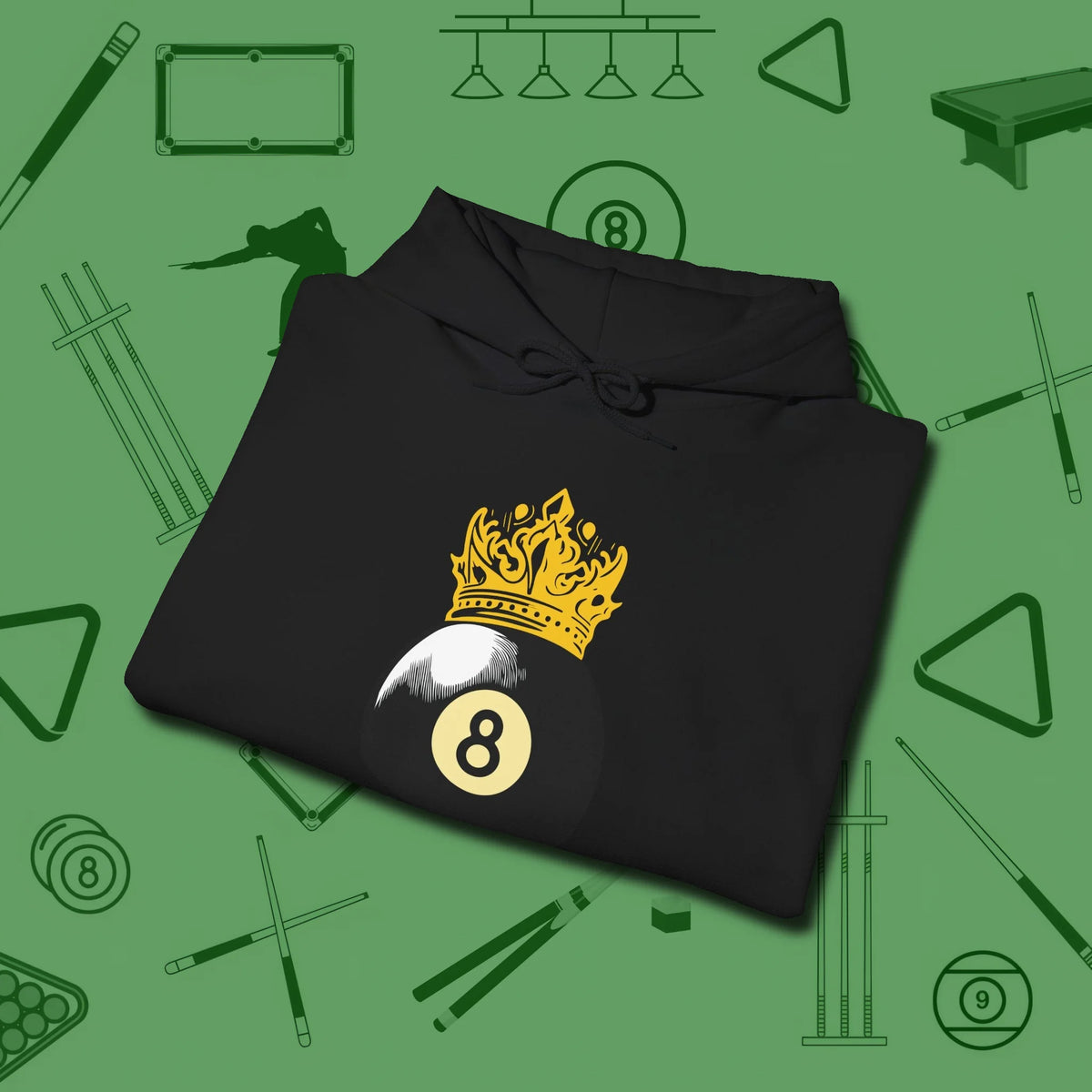 Eight Ball Crown Hoodie, folded view, in Black look good while calling your pocket
