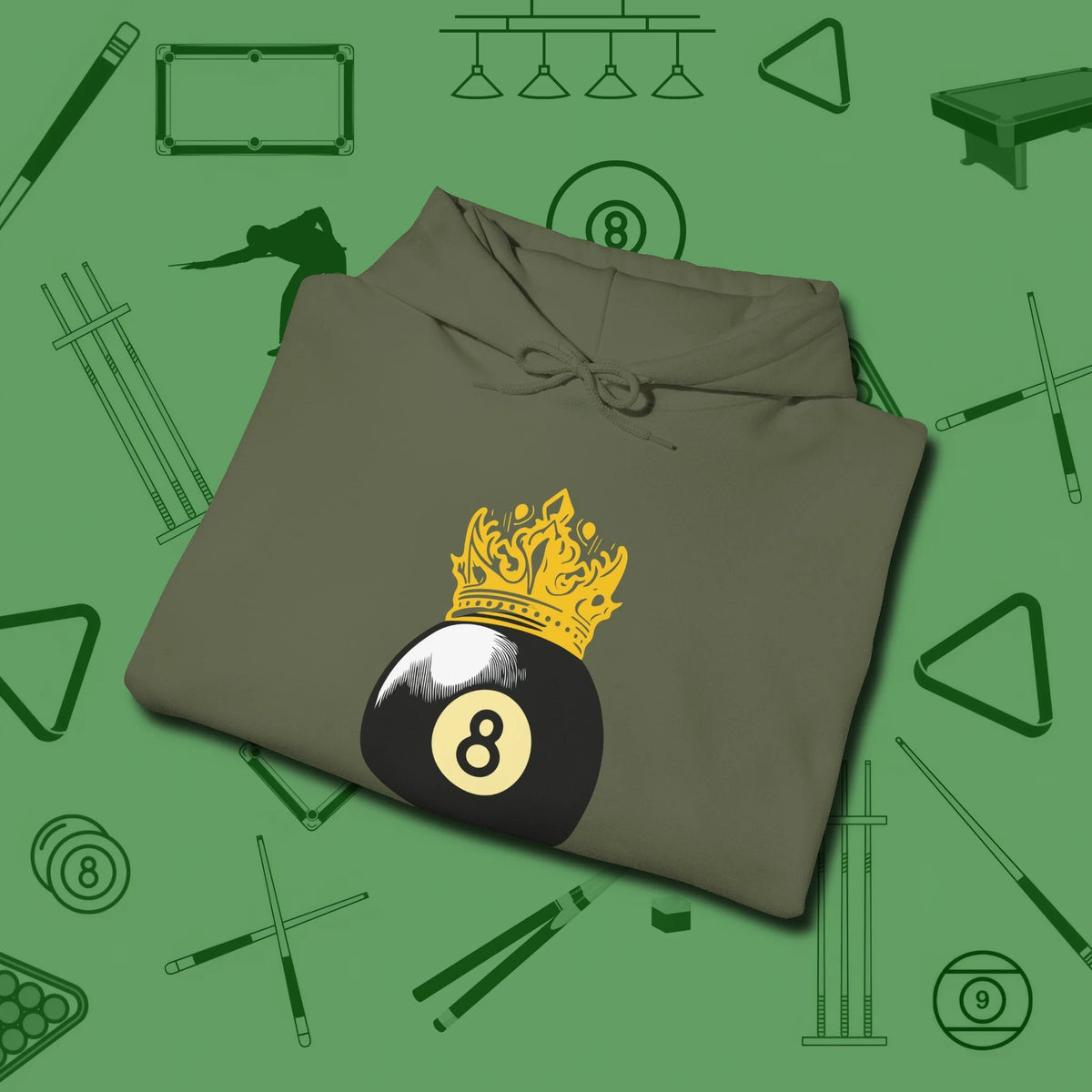 Eight Ball Crown Hoodie, folded view, in Military Green like your stroke — smooth and deliberate