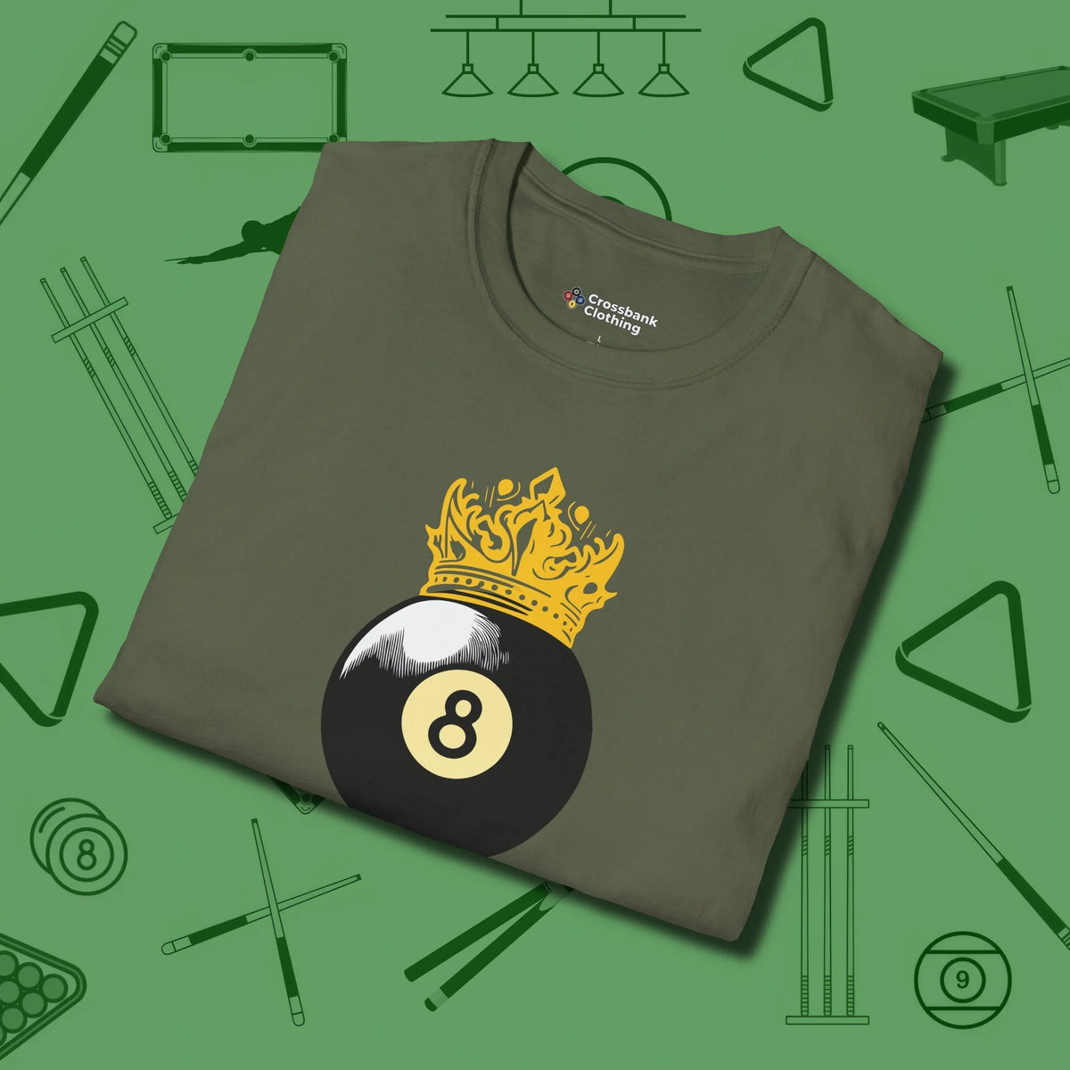 Eight Ball Crown T-Shirt, folded view, in Military Green where cue control meets personal style