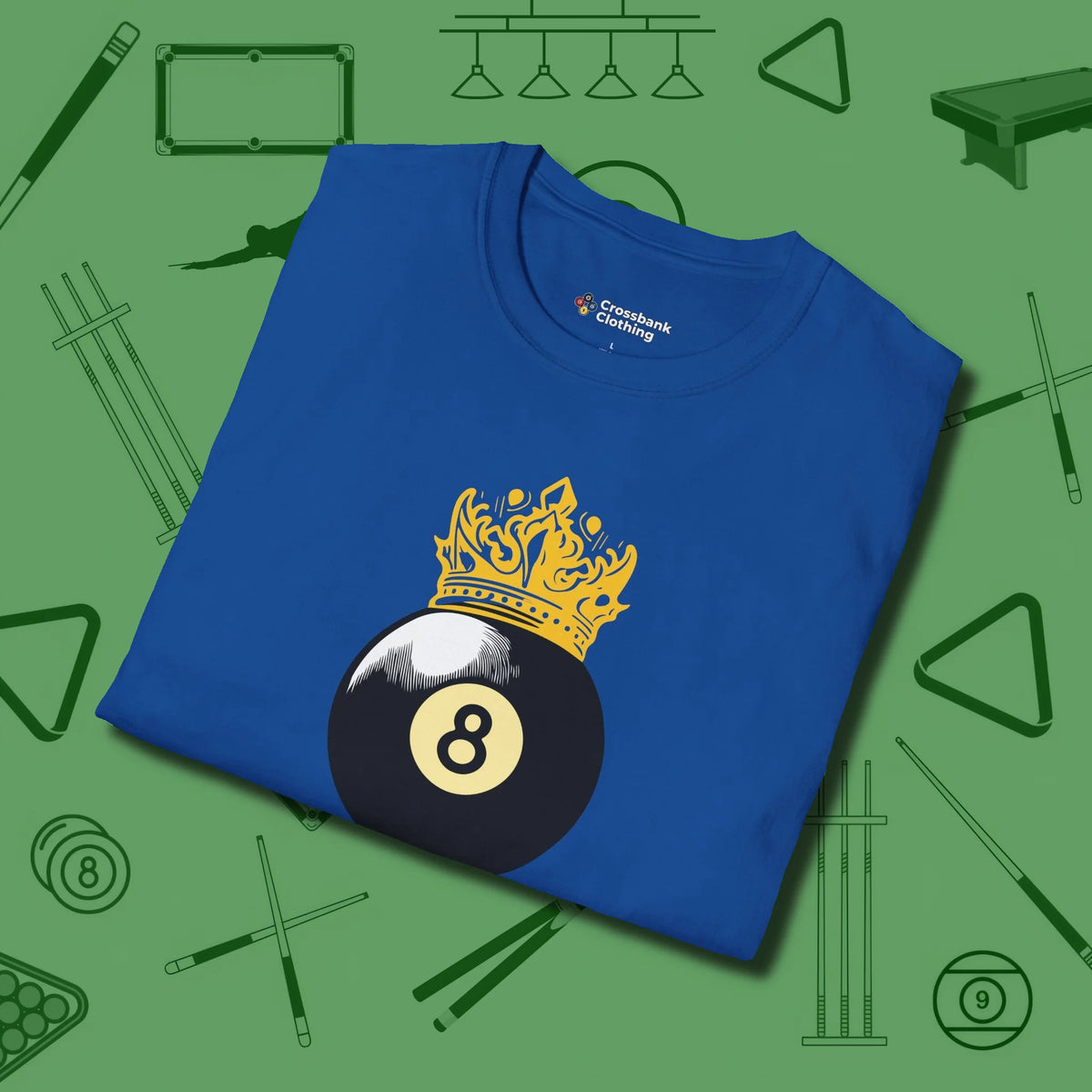 Eight Ball Crown T-Shirt, folded view, in Royal smart enough for the felt and the street
