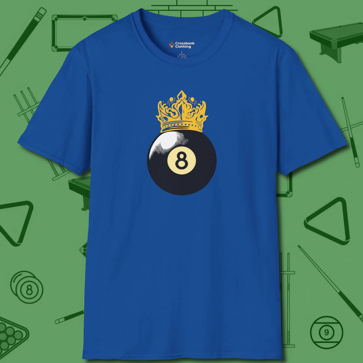 Eight Ball Crown T-Shirt, front view, in Royal what champions wear between racks