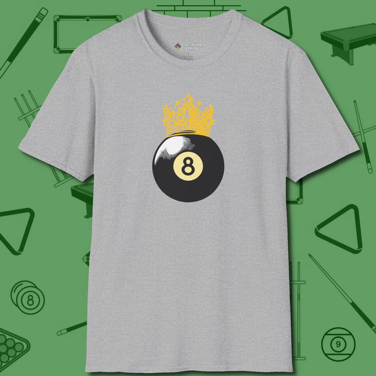 Eight Ball Crown T-Shirt, front view, in Sport Grey as serious as your stroke