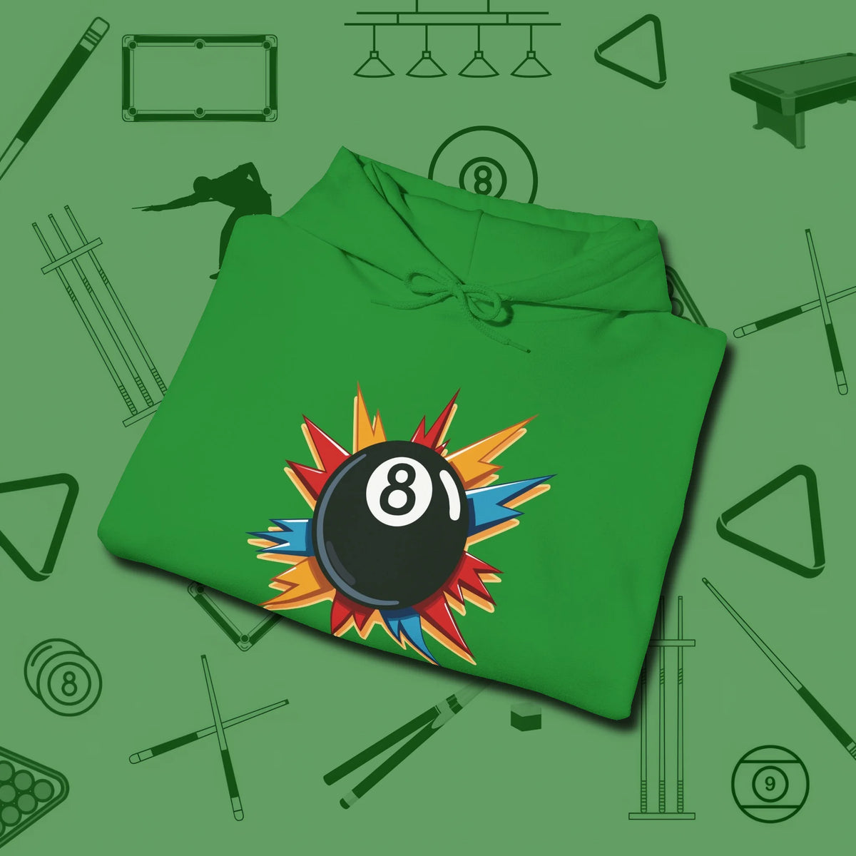 Eight Ball Excitement Hoodie, folded view, in Irish Green table-tested, street-approved style
