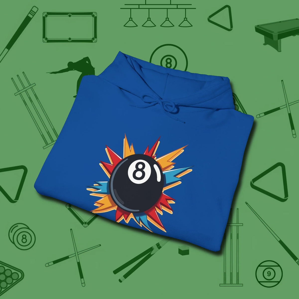 Eight Ball Excitement Hoodie, folded view, in Royal poolroom style with tournament attitude