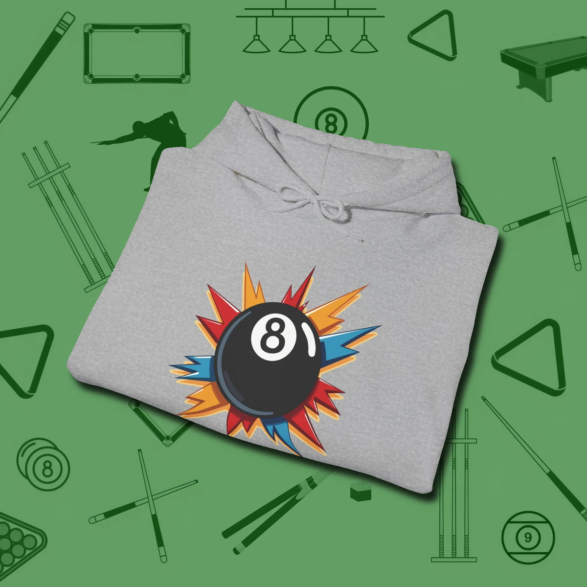 Eight Ball Excitement Hoodie, folded view, in Sport Grey earns respect before the first shot