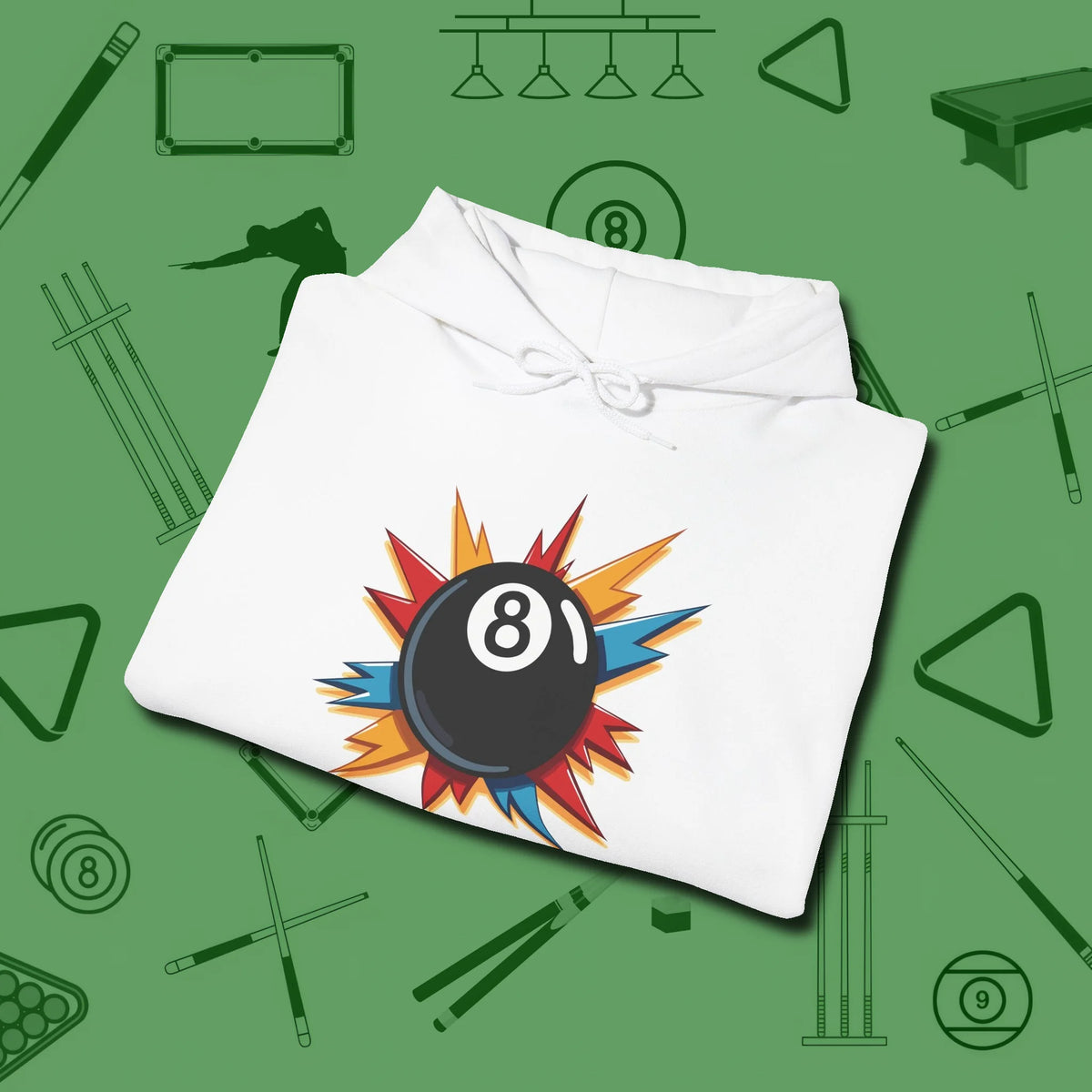 Eight Ball Excitement Hoodie, folded view, in White look good while calling your pocket