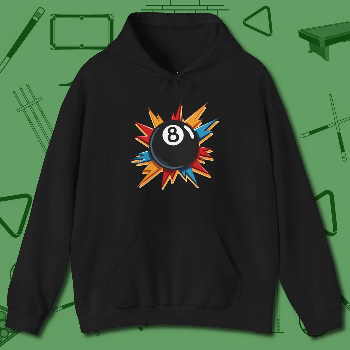 Eight Ball Excitement Hoodie, front view, in Black earns respect before the first shot