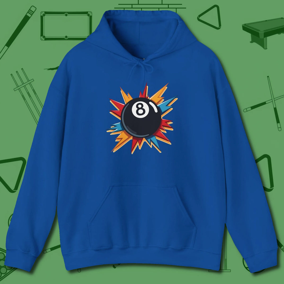 Eight Ball Excitement Hoodie, front view, in Royal play in style, win in silence