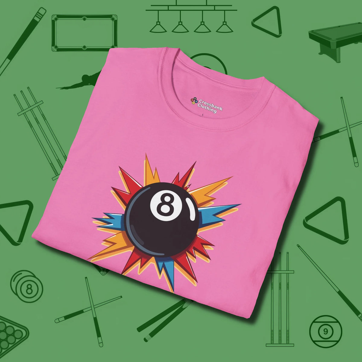 Eight Ball Excitement T-Shirt, folded view, in Azalea perfect for players with quiet fire