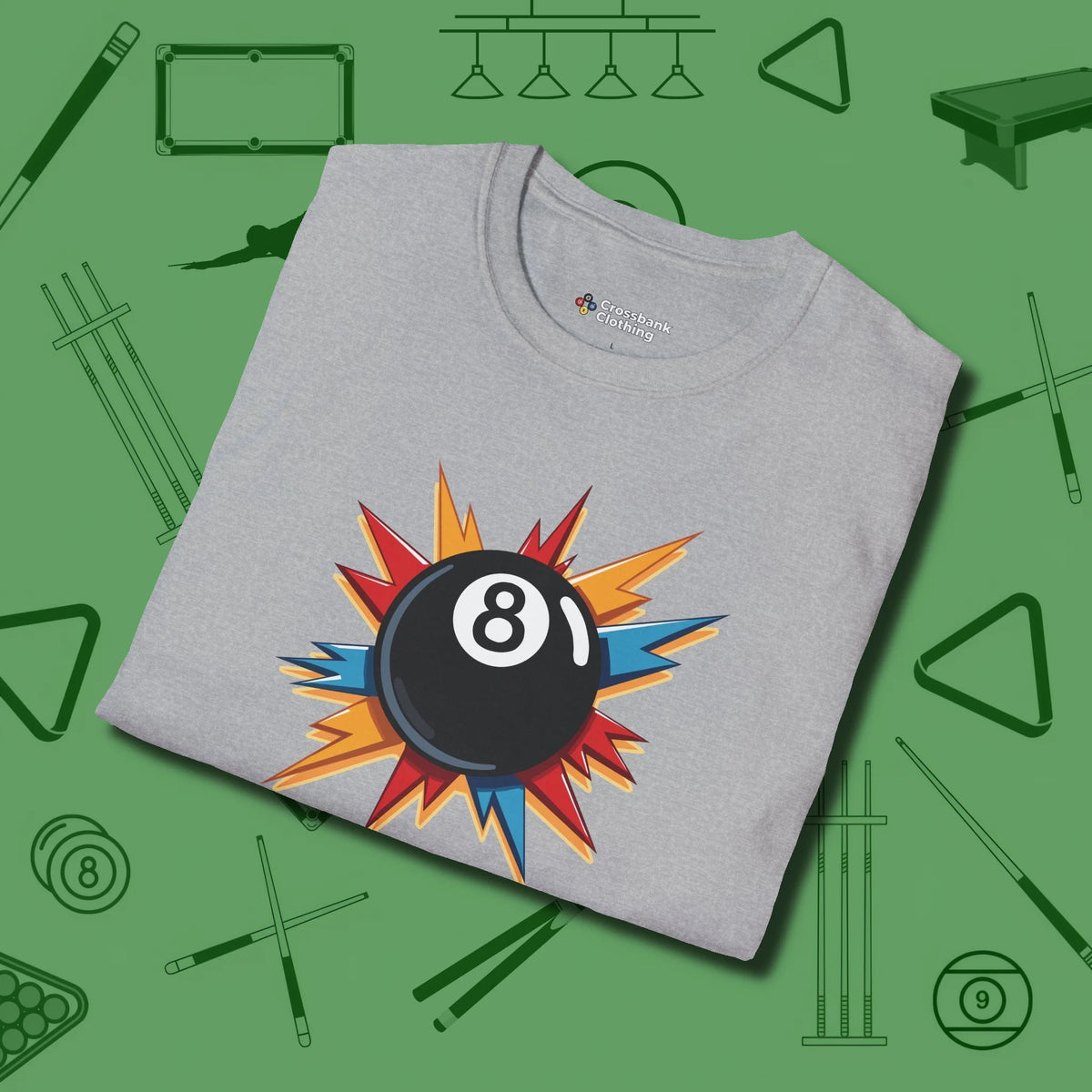 Eight Ball Excitement T-Shirt, folded view, in Sport Grey cue sports swagger done right