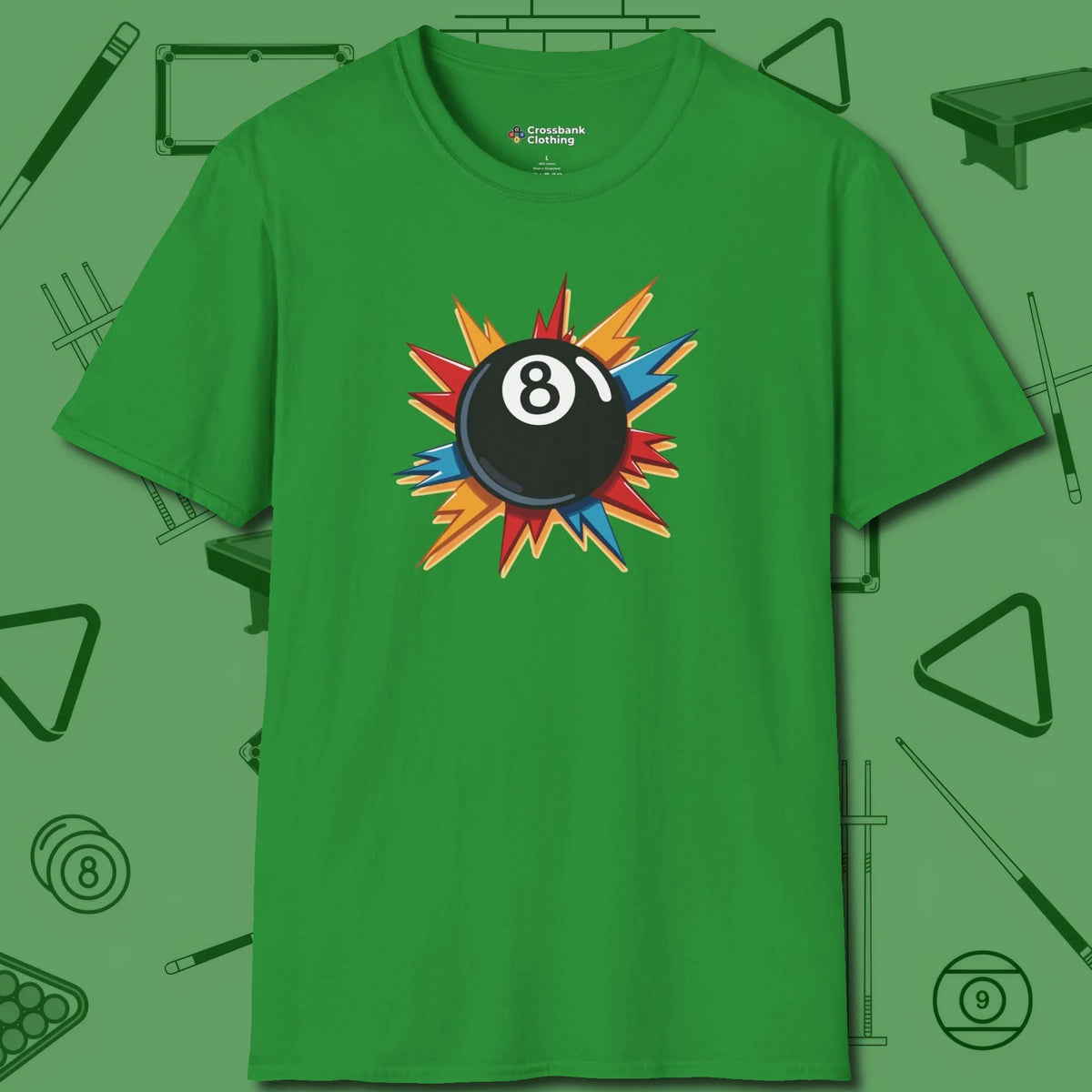 Eight Ball Excitement T-Shirt, front view, in Irish Green from chalk to clutch, look the part