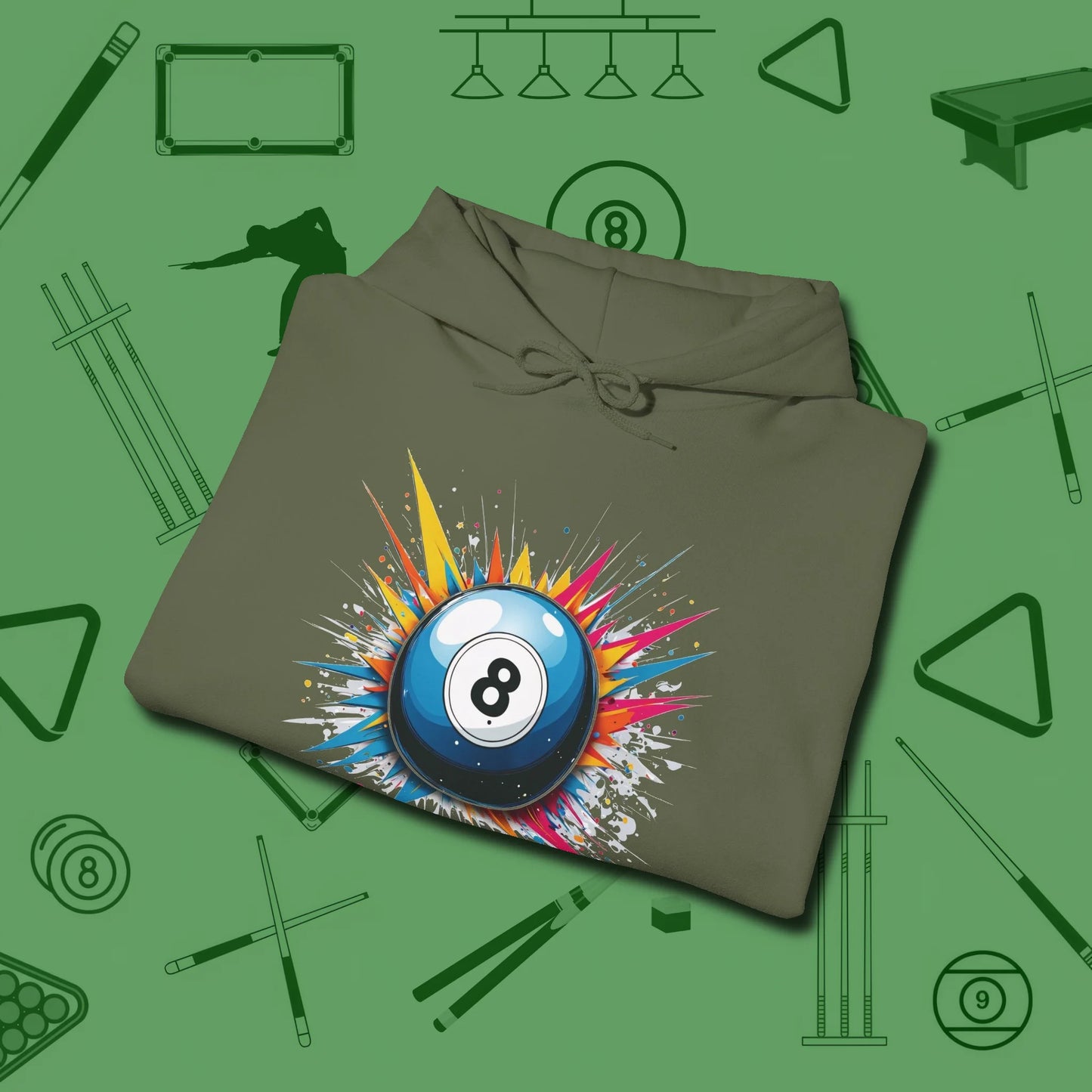 Eight Ball Explosion Hoodie, folded view, in Military Green break, run out, turn heads — repeat