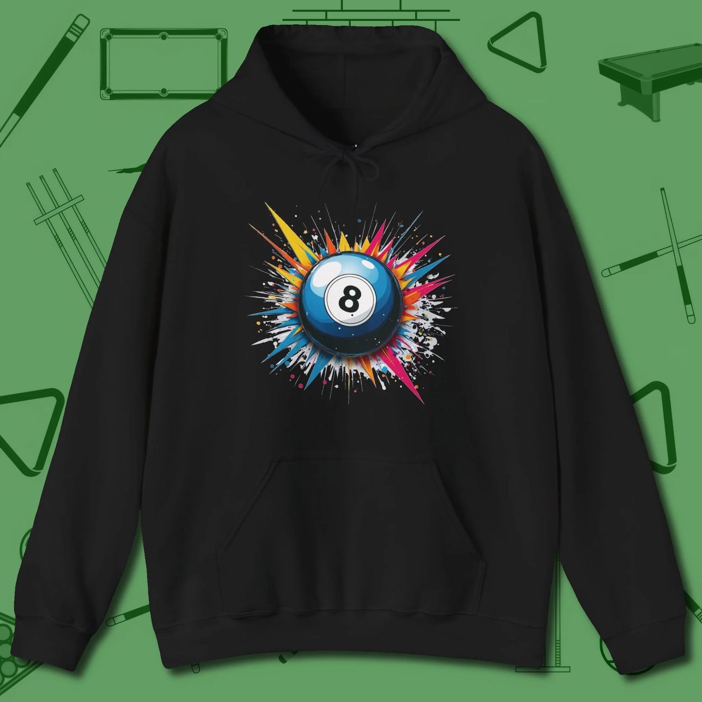 Eight Ball Explosion Hoodie, front view, in Black because the table is your battlefield