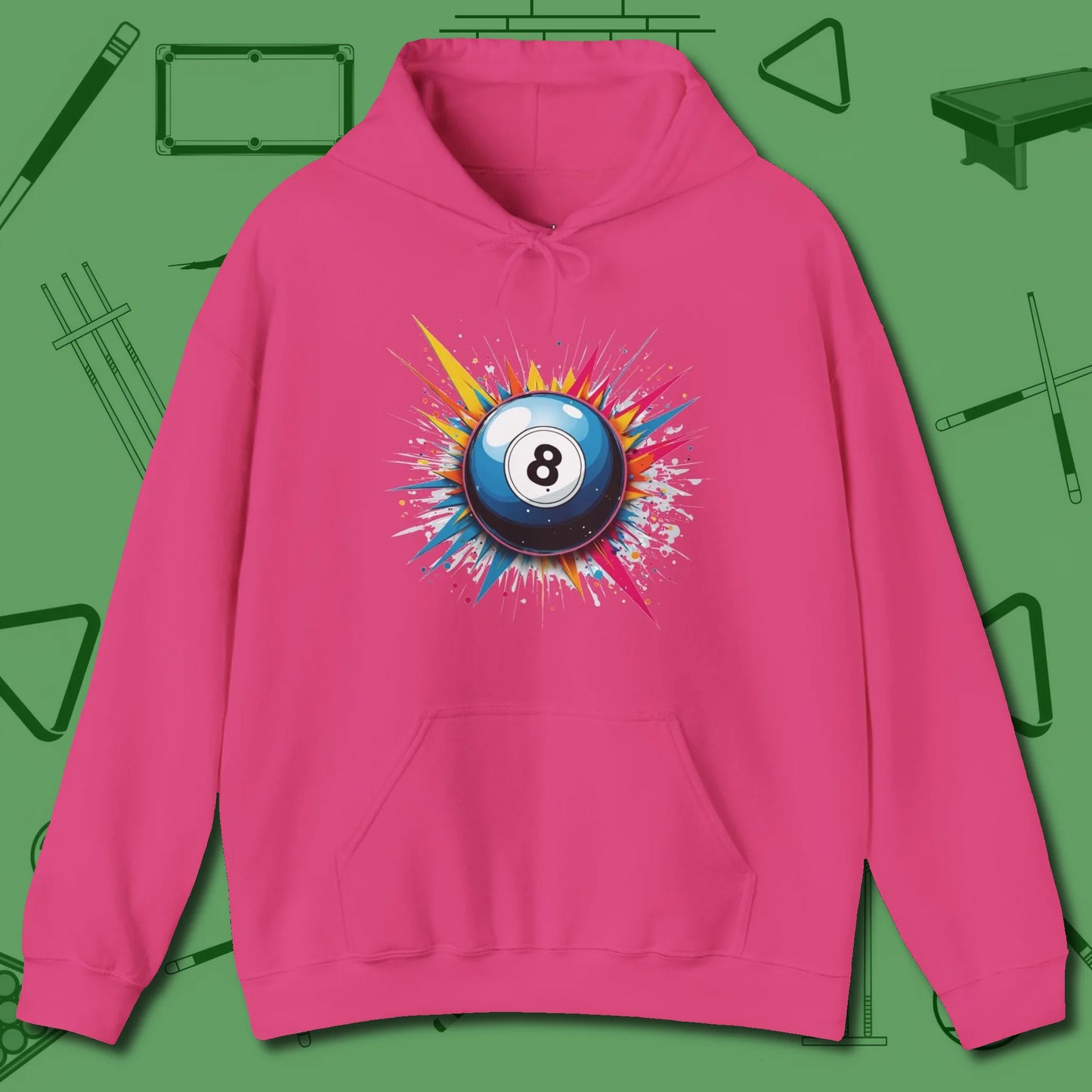 Eight Ball Explosion Hoodie, front view, in Heliconia poolroom style with tournament attitude