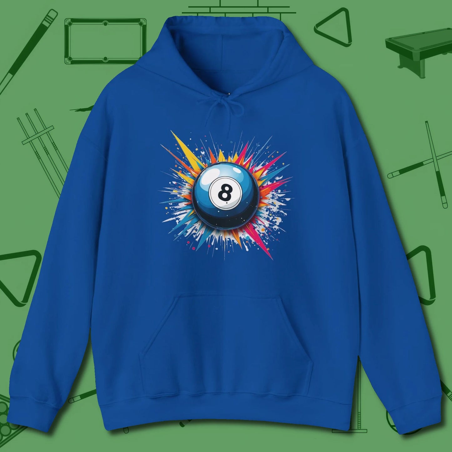 Eight Ball Explosion Hoodie, front view, in Royal make every shot — and outfit — count
